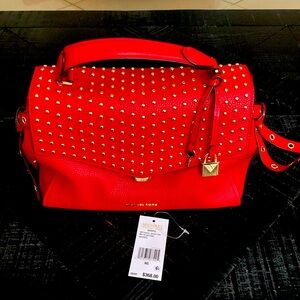 Michael Kors, Bristol Medium Studded Leather Satchel.Red color